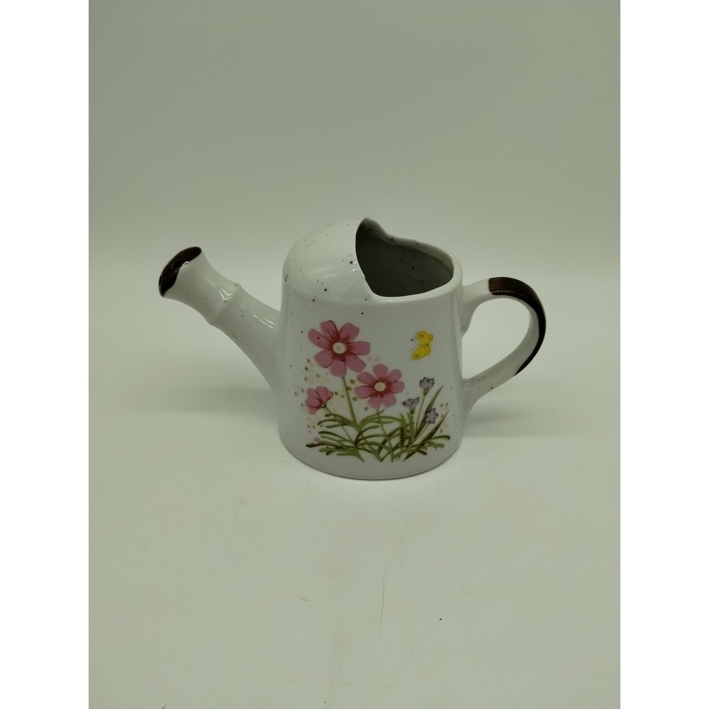 Vintage Unmarked Art Pottery Brown Speckled Watering Can Pink Flowers Butterfly